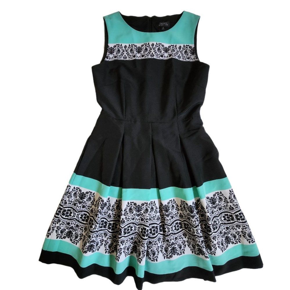 Tahari black white green Twill fit and flare pleated dress sz 6